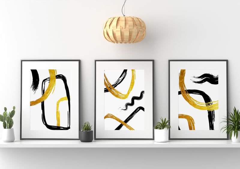 Black yellow lines abstract modern wall art design décor