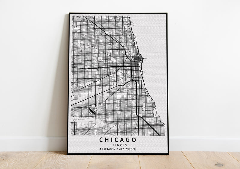 Chicago Illinois black and white poster map print wall art home design