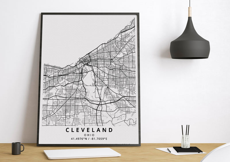 Cleveland Ohio black and white poster map print wall art home design