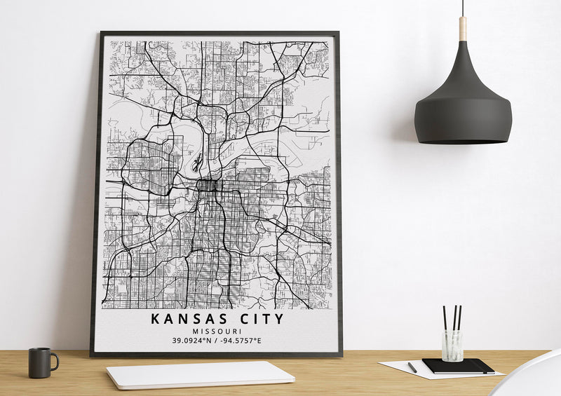 Kansas City Missouri black and white poster map print wall art home design