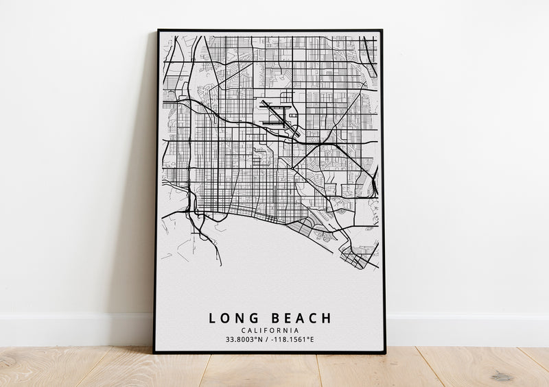 Long Beach California black and white poster map print wall art home design