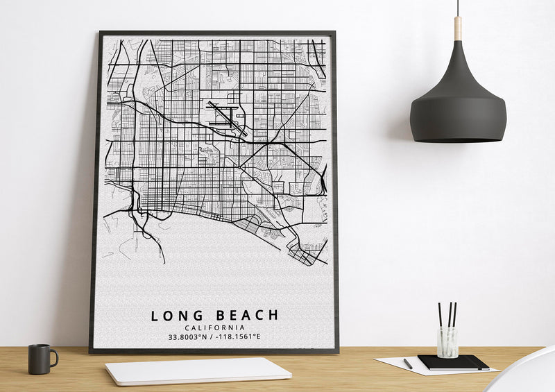 Long Beach California black and white poster map print wall art home design