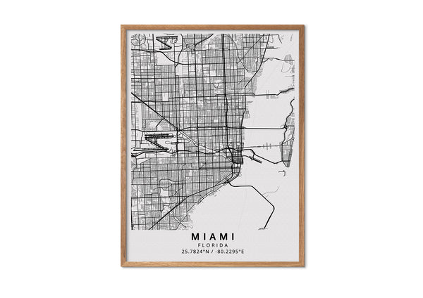 Miami Florida black and white poster map print wall art home design