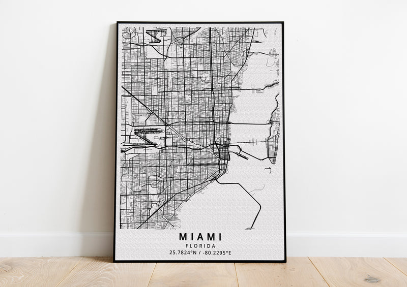 Miami Florida black and white poster map print wall art home design