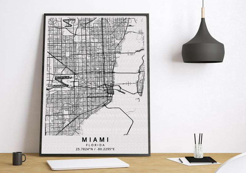 Miami Florida black and white poster map print wall art home design