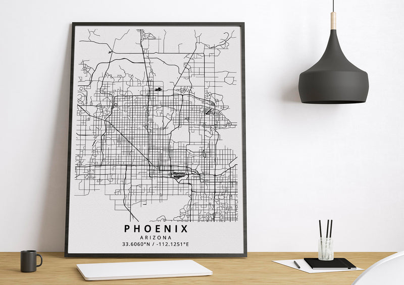 Phoenix Arizona black and white poster map print wall art home design