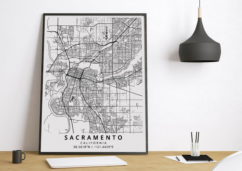 Sacramento California black and white poster map print wall art home design