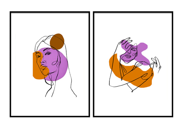 Woman purple face line art minimalist modern wall art design décor